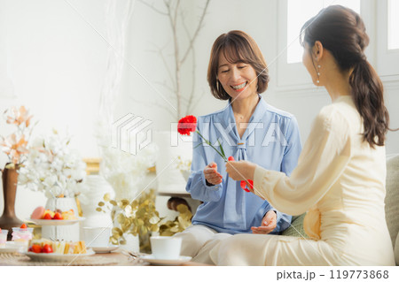 カフェで会話をする二人の女性 カフェで会話をする二人の女性 119773868