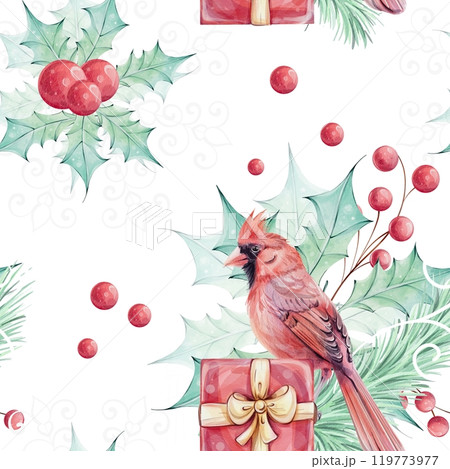 Watercolor seamless pattern - Christmas bird red cardinal, berries , poinsettia flowers bouquet with holly green leaves. Openwork snowflake. Arrangement with brunch. Symbol of Christmas. Winter 119773977