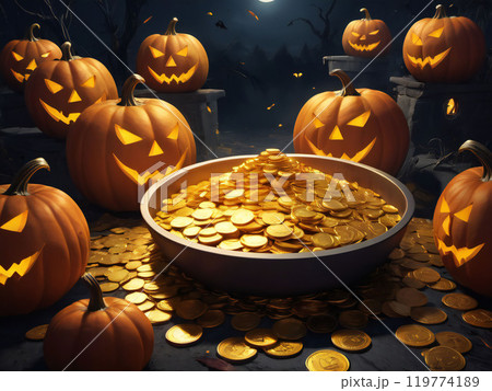 金貨とハロウィンのカボチャ 金貨とハロウィンのカボチャ 119774189