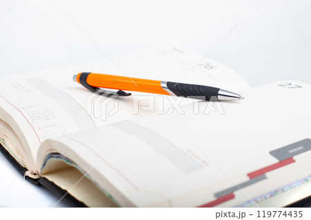 Open Planner with Orange Pen on Page 119774435