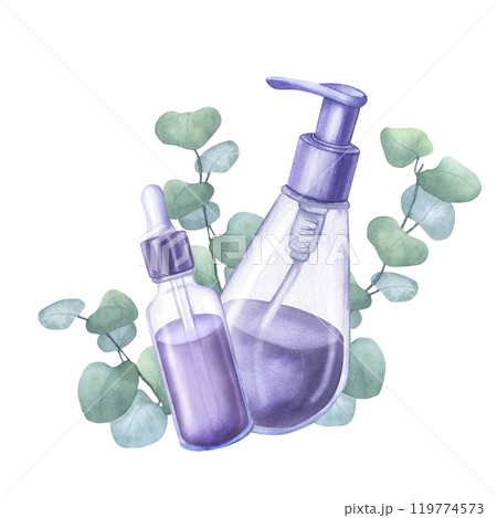 Violet dispenser and pipette cosmetic bottle, eucalyptus branches. Plastic pump for shampoo, soap, lotion, cream, purple colored. Hand drawn watercolor illustration isolated on white background Violet dispenser and pipette cosmetic bottle, eucalyptus branches. Plastic pump for shampoo, soap, lotion, cream, purple colored. Hand drawn watercolor illustration isolated on white background 119774573