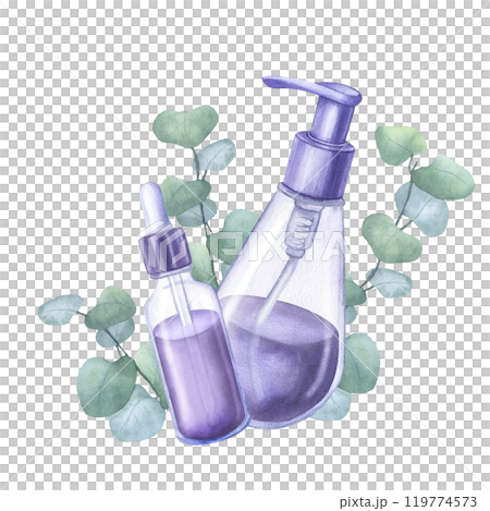 Violet dispenser and pipette cosmetic bottle, eucalyptus branches. Plastic pump for shampoo, soap, lotion, cream, purple colored. Hand drawn watercolor illustration isolated on white background Violet dispenser and pipette cosmetic bottle, eucalyptus branches. Plastic pump for shampoo, soap, lotion, cream, purple colored. Hand drawn watercolor illustration isolated on white background 119774573