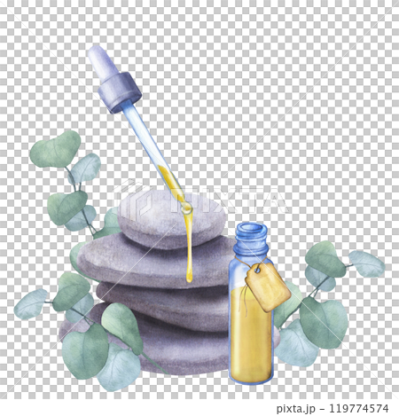 Bottle cosmetic amber yellow essential oil drips on pyramid stones, eucalyptus branches. Spa massage, aromatherapy, meditation. Hand drawn watercolor illustration isolated on white background Bottle cosmetic amber yellow essential oil drips on pyramid stones, eucalyptus branches. Spa massage, aromatherapy, meditation. Hand drawn watercolor illustration isolated on white background 119774574