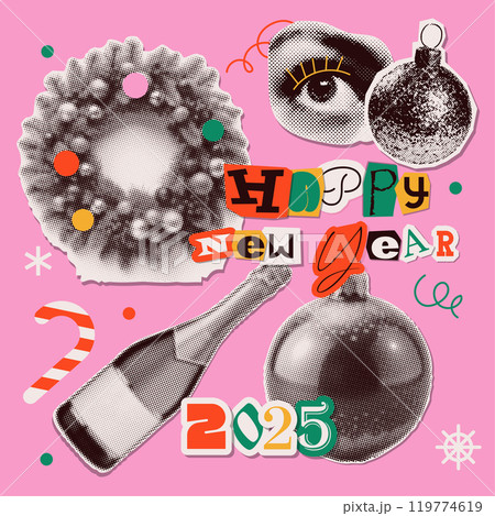 Trendy artistic vintage halftone montage conveying warm Christmas Season's Greetings with happy eye, wreath, champagne bottle, xmas tree baubles. Vector dotted illustration. Trendy artistic vintage halftone montage conveying warm Christmas Season's Greetings with happy eye, wreath, champagne bottle, xmas tree baubles. Vector dotted illustration. 119774619
