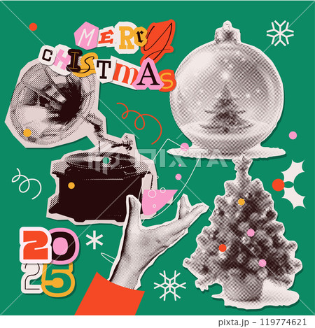 Christmas and New year halftone collage elements set. Cut out of magazine shapes - vintage gramophone, hand with champagne glass, snow ball, xmas tree. Modern retro grunge punk vector illustration 119774621