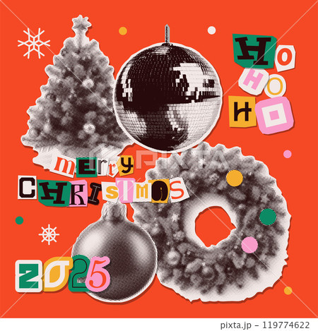Set of New Year-themed collage stickers with Christmas tree, wreath, Christmas tree ball. vector paper elements in a trendy halftone style for trendy vintage collages. Vector 119774622