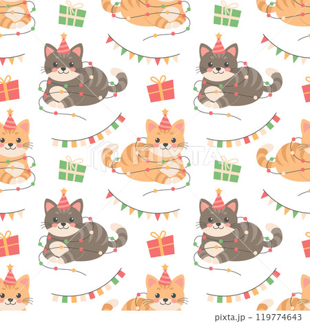 Seamless pattern with cute Christmas kittens in Santa hat, garlands, gifts and flags. Holiday illustration, background Seamless pattern with cute Christmas kittens in Santa hat, garlands, gifts and flags. Holiday illustration, background 119774643