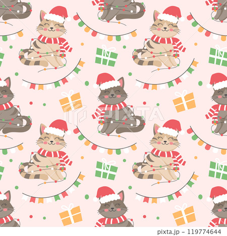 Seamless pattern with cute Christmas kittens in Santa hat, garlands, gifts and flags. Holiday illustration, background 119774644