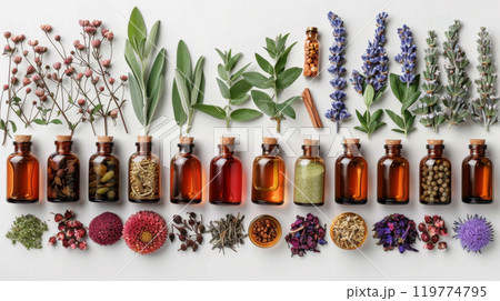 Essential Oils in Brown Bottles with Natural Botanicals 119774795
