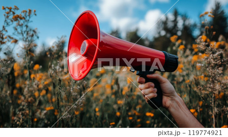 Red Megaphone Held Outdoors with Blurred Forest Background 119774921