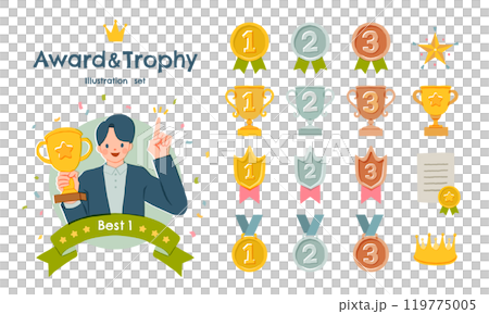 具有獲獎獎盃和排名圖示的男子插圖集 119775005