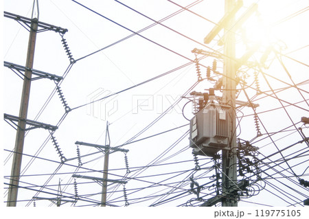 Large power transformers mounted on poles 119775105