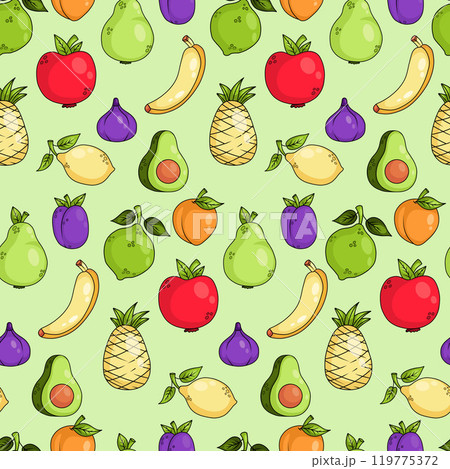 Seamless pattern with fruits tropical pineapple and banana, fig and citrus, avocado, garden apple and pear, plum and apricot on green background. Vector illustration 119775372