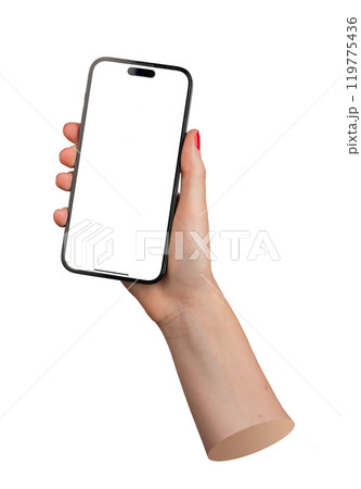 Berlin Germany July 21 2024 Woman s hand holding a smartphone with a blank screen, isolated on a Berlin Germany July 21 2024 Woman s hand holding a smartphone with a blank screen, isolated on a 119775436