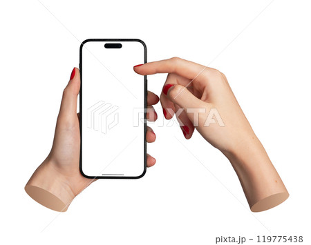 Berlin Germany July 21 2024 Womans hand holding a smartphone, finger positioned as if scrolling on 119775438