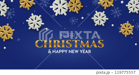 Christmas and New Year banner with 3d white and gold snowflakes on blue background Christmas and New Year banner with 3d white and gold snowflakes on blue background 119775557