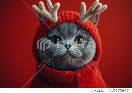 A cheerful and festive cat wearing cute reindeer antlers amidst colorful holiday decorations for Christmas 119775607