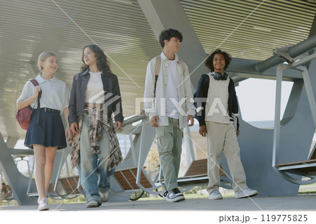 Group of modern and fashionable teens walking in park after school 119775825