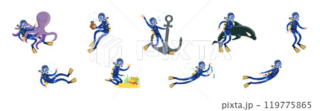 Diving Man Character in Blue Suit with Flippers Vector Set Diving Man Character in Blue Suit with Flippers Vector Set 119775865