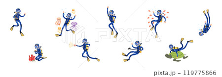 Diving Man Character in Blue Suit with Flippers Vector Set Diving Man Character in Blue Suit with Flippers Vector Set 119775866