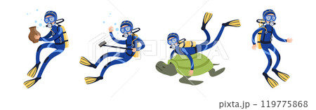 Diving Man Character in Blue Suit with Flippers Vector Set 119775868