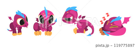 Fairy Dragon Baby Purple Lizard with Wing and Tail Vector Set 119775897