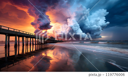 Wooden pier on the sea against the backdrop of dramatic colored clouds 119776006