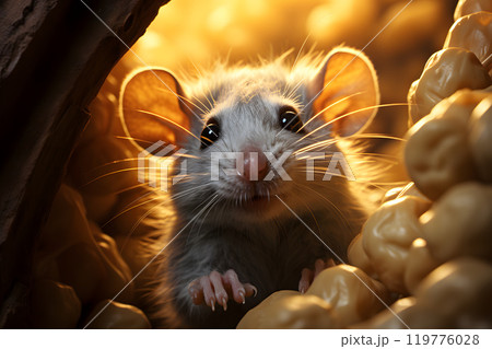 The hamster mouse gnaws and eats cheese. rodents and pests. fauna and biology 119776028