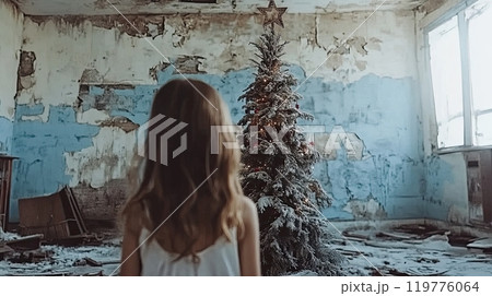 illustrate a poor man's Christmas. In front of the tree is a little girl looking up at it. 119776064