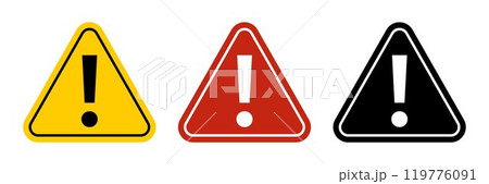 Red yellow black triangular warning or caution sign with exclamation mark. Warning, precaution, attention, alert icon. Warning sign. Exclamation mark. 119776091
