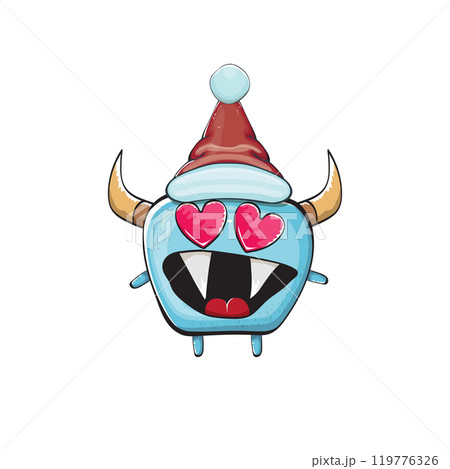 Vector cartoon funky blue monster with Santa Claus red hat isolated on white background. Funny and cute Childrens Merry Christmas greeting card with funny monster elf Santa Claus character. Vector cartoon funky blue monster with Santa Claus red hat isolated on white background. Funny and cute Childrens Merry Christmas greeting card with funny monster elf Santa Claus character. 119776326