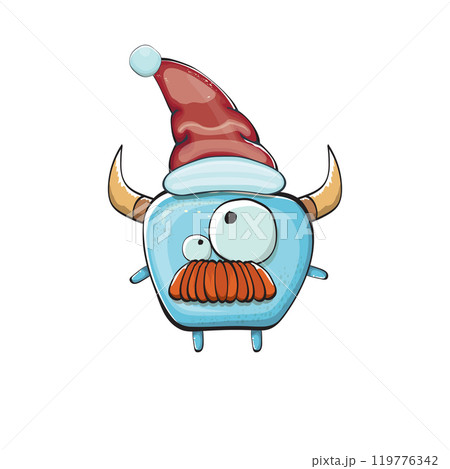 Vector cartoon funky blue monster with Santa Claus red hat isolated on white background. Funny and cute Childrens Merry Christmas greeting card with funny monster elf Santa Claus character. 119776342