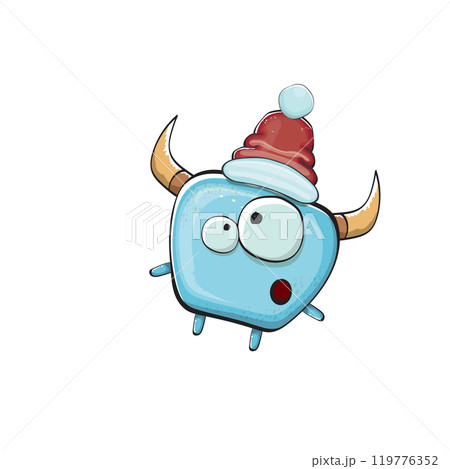 Vector cartoon funky blue monster with Santa Claus red hat isolated on white background. Funny and cute Childrens Merry Christmas greeting card with funny monster elf Santa Claus character. Vector cartoon funky blue monster with Santa Claus red hat isolated on white background. Funny and cute Childrens Merry Christmas greeting card with funny monster elf Santa Claus character. 119776352