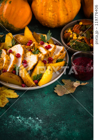 Traditional Thanksgiving day dinner with turkey 119776406