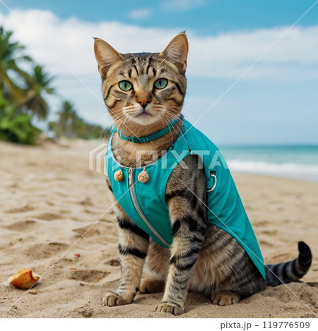 The striped cat in a swimsuit 119776509