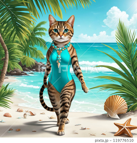 The striped cat in a swimsuit 119776510
