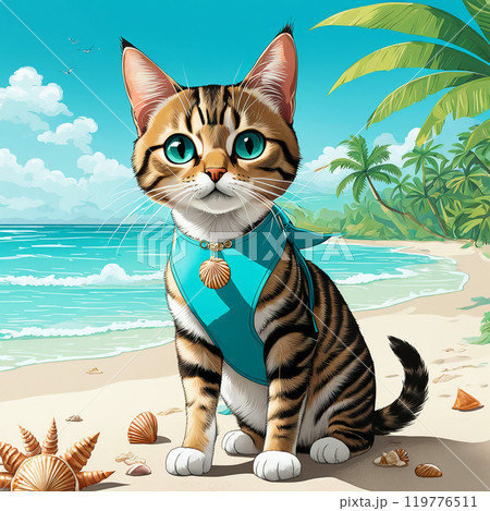 The striped cat in a swimsuit 119776511