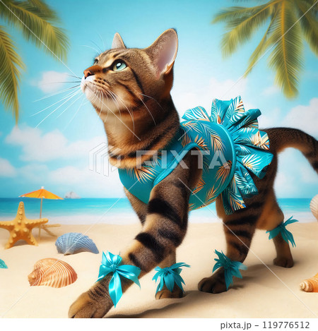 The striped cat in a swimsuit 119776512