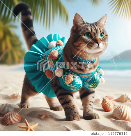 The striped cat in a swimsuit 119776513