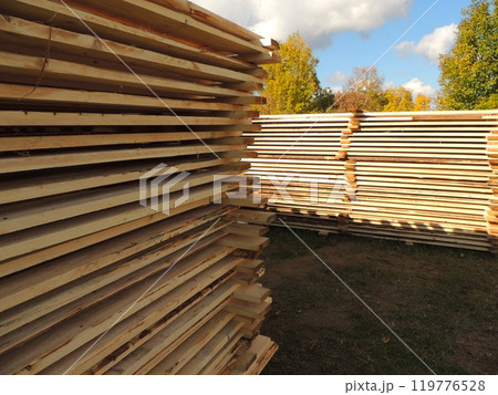 Wooden planks stacked in rows lie on the grass against a background of leafy trees and a cloudy sky 119776528
