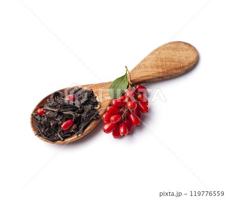 Tea with barberry berries on white backgrounds 119776559