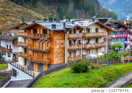 summer in Fassa valley and Canazei village, Italy summer in Fassa valley and Canazei village, Italy 119776734