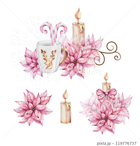 Watercolor set - Christmas white mug with gold reindeer with openwork snowflake, isolated. Candy cane, candle, poinsettia flowers. Noel. Border, elements for new year greeting cards, invitation 119776737