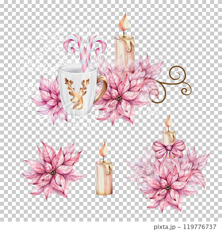 Watercolor set - Christmas white mug with gold reindeer with openwork snowflake, isolated. Candy cane, candle, poinsettia flowers. Noel. Border, elements for new year greeting cards, invitation 119776737