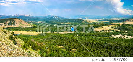 Panorama of Grand Teton National Park with the Snake river viewed from Signal Mountain, Wyoming, USA 119777002