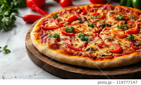 Close up of a freshly baked pizza banner 119777147