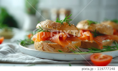 Bagel sandwich with smoked salmon, cream cheese 119777148