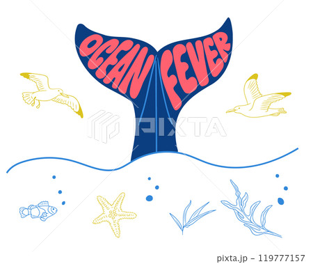 Playful ocean illustration with a whale tail Playful ocean illustration with a whale tail 119777157