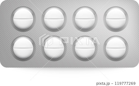 Pills symbolizing medicine and healthcare, offering therapy and relief. Sealed blister pack emphasizes safety and hygiene. Close up shot with copy space Pills symbolizing medicine and healthcare, offering therapy and relief. Sealed blister pack emphasizes safety and hygiene. Close up shot with copy space 119777269