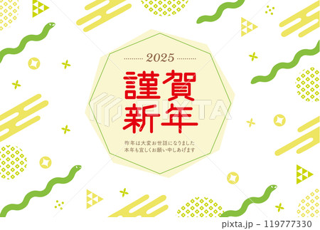 蛇とPOPな和柄のイラストの白背景の年賀状_謹賀新年_緑 119777330